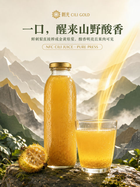 刺光金黄原浆：高山晨雾中的酸香觉醒 - AI图片提示词示例