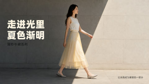 夏日美术馆光影错落的薄纱长裙海报 - AI图片提示词示例