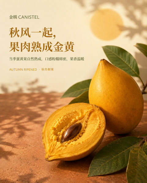 秋风金糯蛋黄果秋冬时令品牌视觉图 - AI图片提示词示例