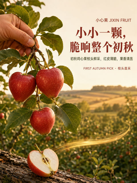 初秋鸡心小苹果品牌视觉海报 - AI图片提示词示例