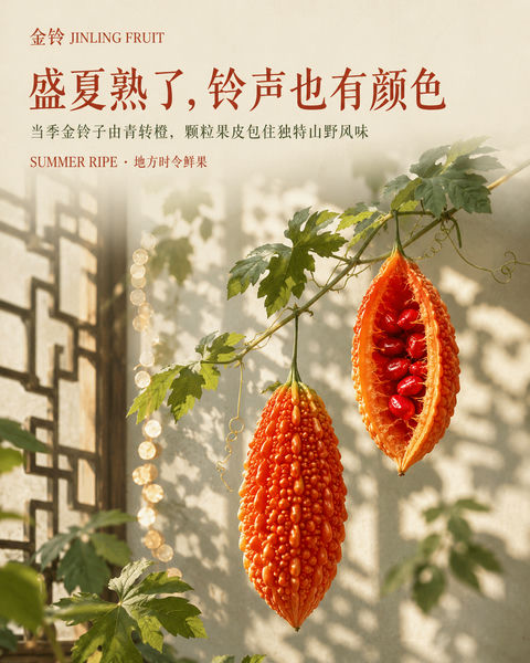 盛夏金铃：东方窗影下的红籽韵味 - AI图片提示词示例