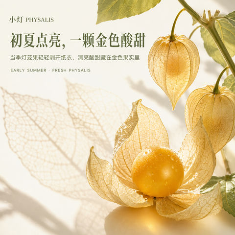 初夏微光中的金色灯笼果品牌视觉 - AI图片提示词示例