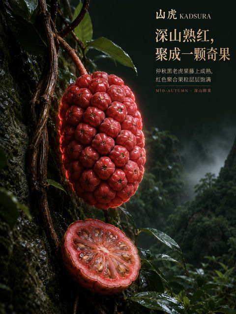 深山熟红仲秋黑老虎果品牌海报 - AI图片提示词示例