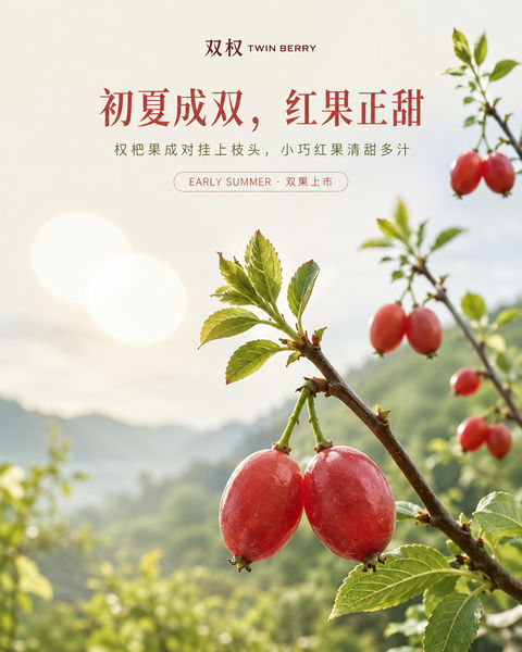 初夏成双：双杈果品牌社交媒体视觉大片 - AI图片提示词示例