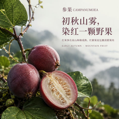初秋山野红果参品牌视觉海报 - AI图片提示词示例