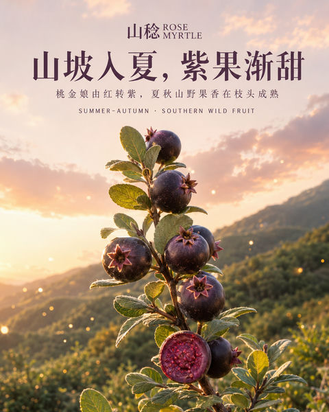 暮色山坡桃金娘：紫果渐甜的夏秋韵味 - AI图片提示词示例