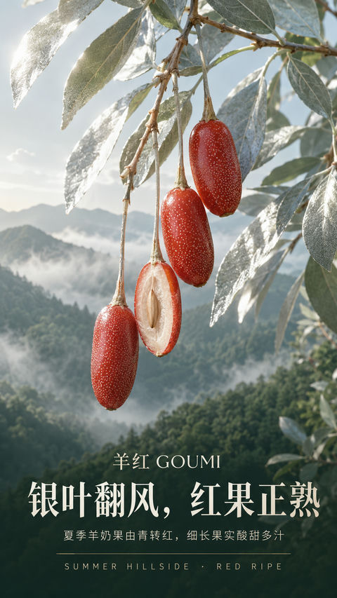 羊红GOUMI夏日山野银叶红果开屏海报 - AI图片提示词示例