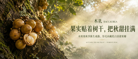 秋色木乳：热带森林木奶果21:9超宽品牌视觉 - AI图片提示词示例