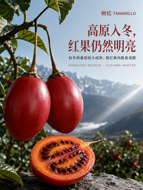 高原入冬树番茄品牌视觉海报 - AI图片提示词示例