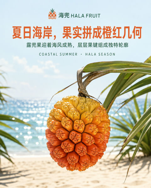 夏日海岸露兜果品牌视觉大片 - AI图片提示词示例