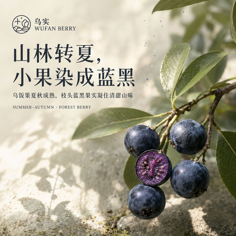 东方山林之色：乌实蓝黑果实品牌视觉 - AI图片提示词示例