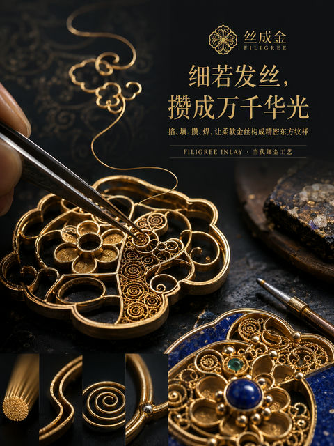 丝成金：非遗花丝镶嵌工艺发布海报 - AI图片提示词示例