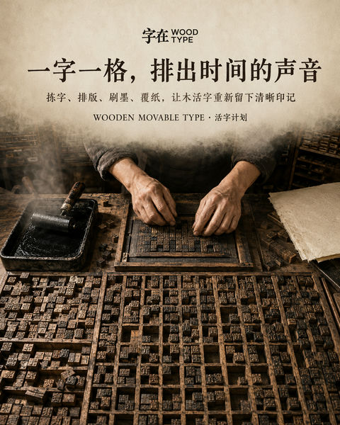木活字非遗文化品牌竖版视觉海报 - AI图片提示词示例