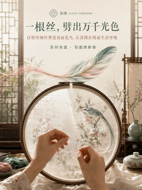 苏绣非遗美学双面绣品牌海报 - AI图片提示词示例