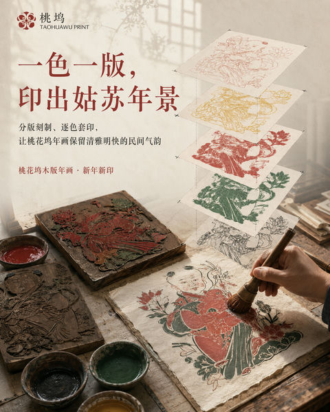 一色一版印姑苏：桃花坞木版年画品牌视觉 - AI图片提示词示例