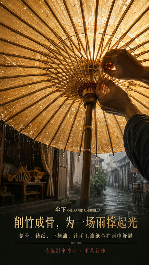 匠心传承：江南雨巷油纸伞非遗工艺开屏 - AI图片提示词示例