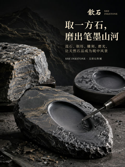 笔墨山河：歙砚非遗工艺品牌视觉海报 - AI图片提示词示例