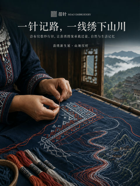 苗绣非遗品牌主视觉：指尖上的山川叙事 - AI图片提示词示例