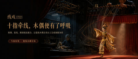 十指悬丝戏梦人生非遗品牌主视觉 - AI图片提示词示例
