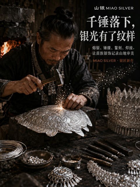 苗银匠心：千锤落下银光显影 - AI图片提示词示例