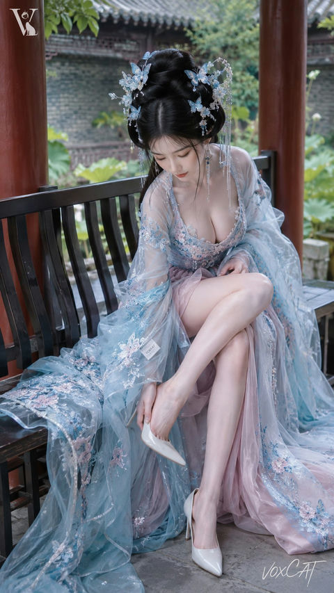 冰蓝汉服仕女园林回廊低头穿鞋写真 - AI图片提示词示例