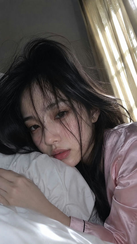 少女晨间刚睡醒手机自拍特写 - AI图片提示词示例