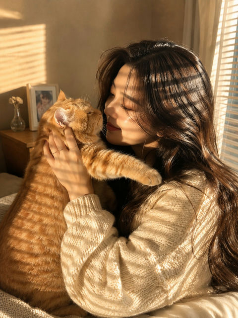 暖阳下与橘猫亲密互动的毛衣女性人像 - AI图片提示词示例