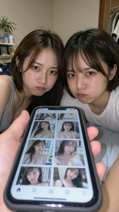 第一人称视角被发现看手机的两名女性 - AI图片提示词示例