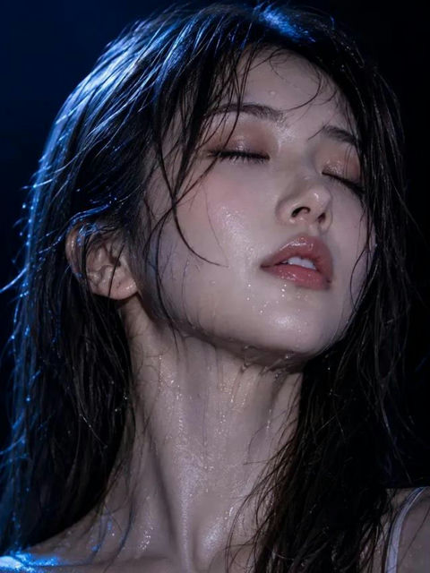 电影感东亚女性湿发情绪特写 - AI图片提示词示例