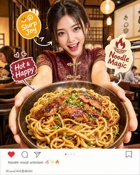 唐风美女持碗面食高端视觉海报 - AI图片提示词示例