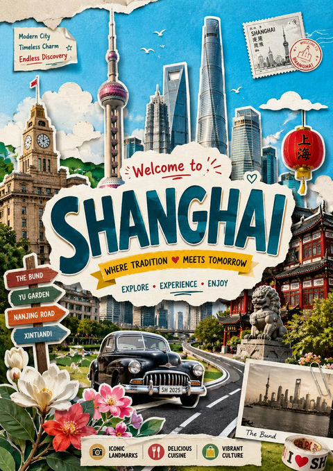 充满活力的旅游剪纸拼贴海报插画 - AI图片提示词示例