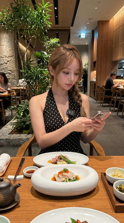 现代亚洲餐厅时尚女性美食博主写实人像 - AI图片提示词示例