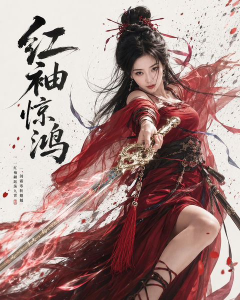 东方古风红衣女侠水墨武侠海报 - AI图片提示词示例