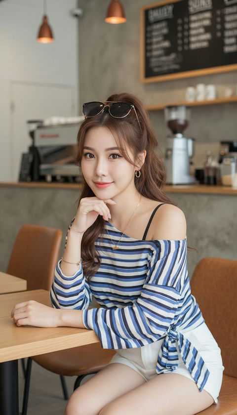 现代咖啡馆里的时尚东亚美女 - AI图片提示词示例