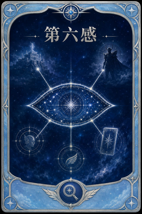 神秘预知卡牌第六感深蓝星空银色激光 - AI图片提示词示例