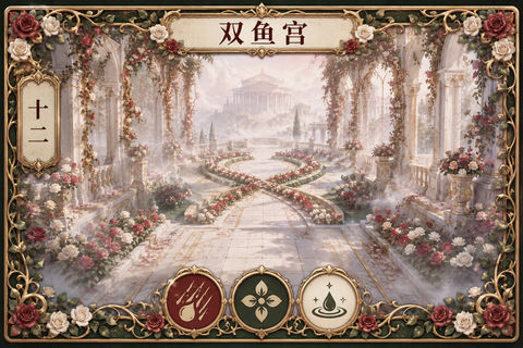圣域双鱼宫：红白玫瑰交织的梦幻长廊 - AI图片提示词示例