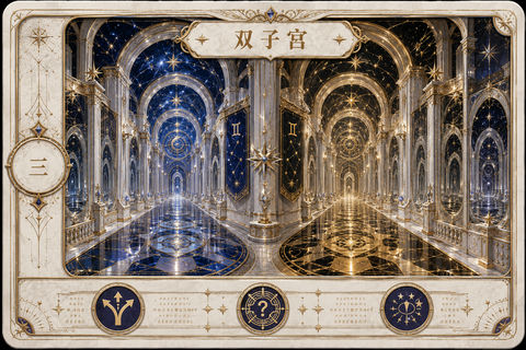 双子宫迷宫：金蓝交织的对称幻象卡面 - AI图片提示词示例