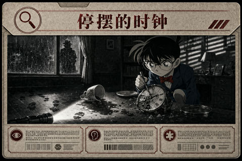 柯南桌游线索卡：停摆的时钟铭刻 - AI图片提示词示例