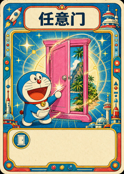 复古未来主义哆啦A梦桌游道具卡 - AI图片提示词示例