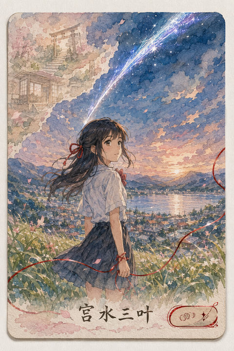 宫水三叶：黄昏之下的星空收藏卡 - AI图片提示词示例