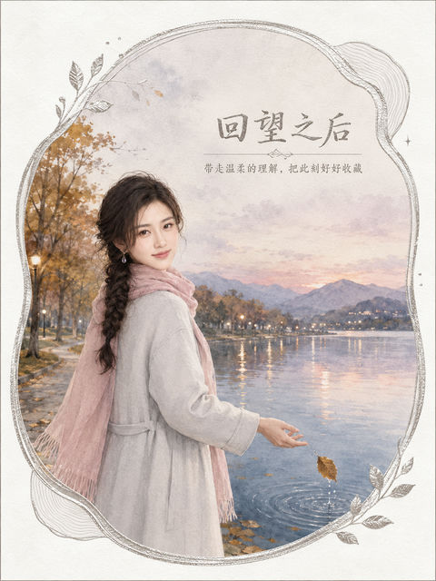 秋日湖畔回望人生的纪念艺术卡 - AI图片提示词示例