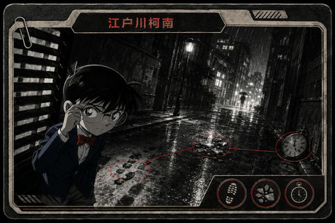 柯南雨夜线索追踪悬疑侦探卡 - AI图片提示词示例