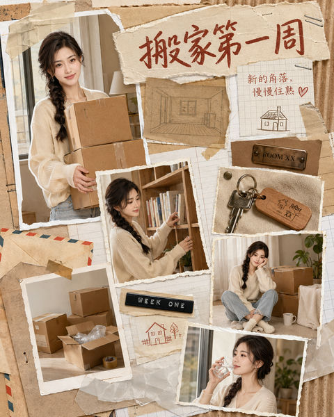 搬家第一周：治愈系拼贴生活手帐 - AI图片提示词示例