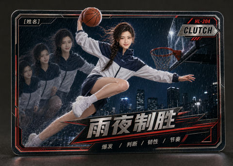 赛场高光雨夜制胜黑铬金属收藏卡 - AI图片提示词示例
