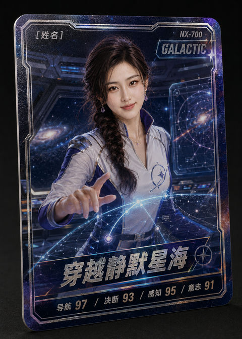 星际领航员：静默星海中的银白幻想收藏卡 - AI图片提示词示例