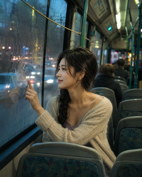 城市深夜公交车窗边的清冷氛围感 - AI图片提示词示例