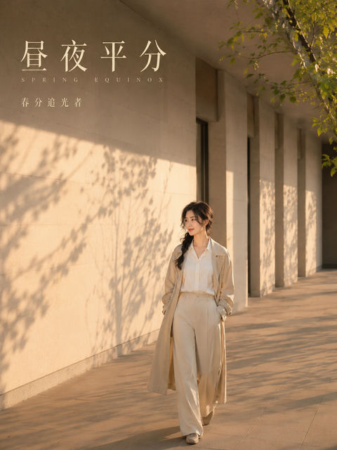 春分追光者建筑长廊极简海报 - AI图片提示词示例