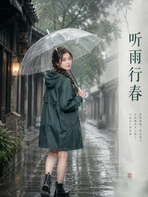 烟雨旧巷中的清明行春回眸 - AI图片提示词示例