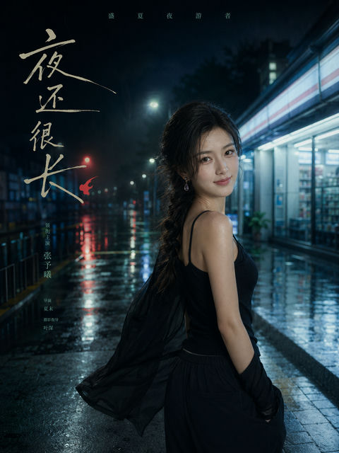 盛夏雨后街头的午夜漫步人物海报 - AI图片提示词示例