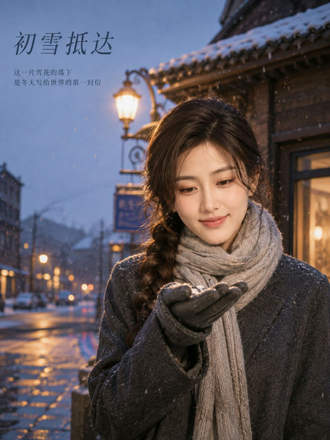 冬日街角捕捉初雪的唯美电影感海报 - AI图片提示词示例